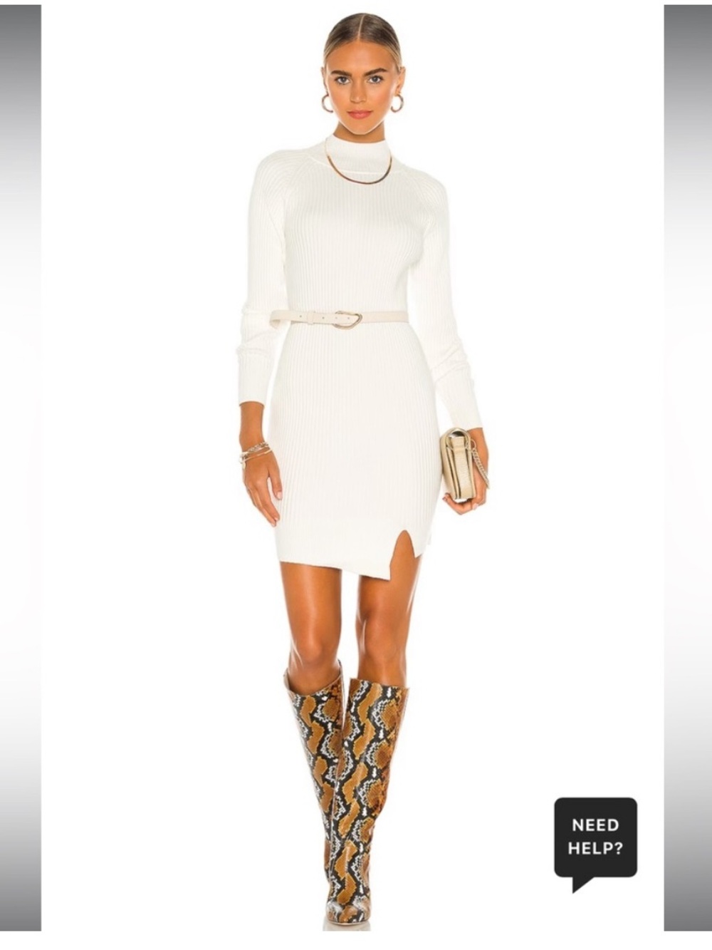 Bardot Ribbed Mini Mock Neck Long Sleeve Sweater Dress in Ivory XS